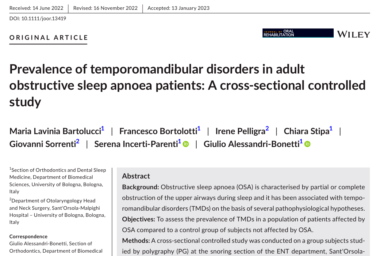 2023 – Bartolucci – Prevalence of temporomandibular disorders in adult obstructive sleep apnoea