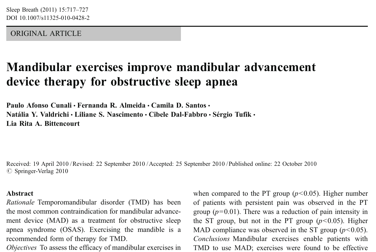 2011 – Cunali – Mandibular exercises improve mandibular advancement device therapy for obstructive sleep apnea